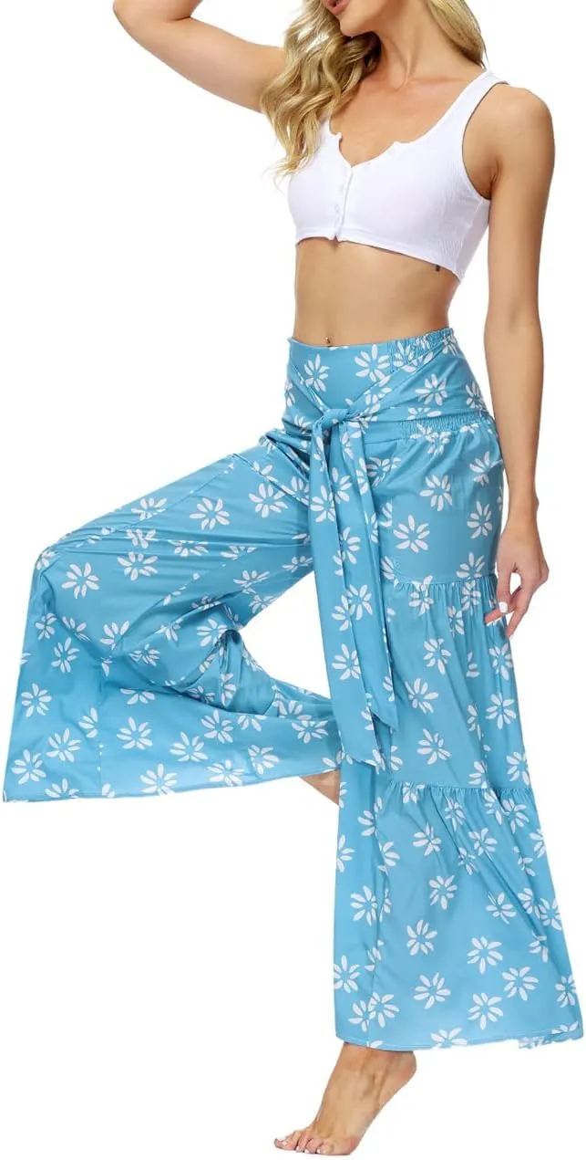 Lrady Women Wide Leg Palazzo Lounge Pants Printed Beach Summer Boho Tie-Waist Bell Bottoms Trousers
