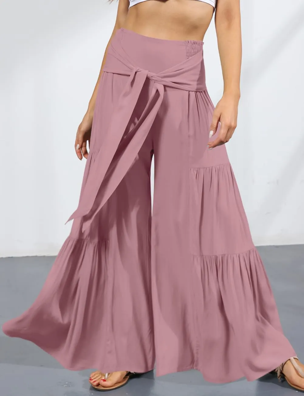 Lrady Women Wide Leg Palazzo Lounge Pants Printed Beach Summer Boho Tie-Waist Bell Bottoms Trousers