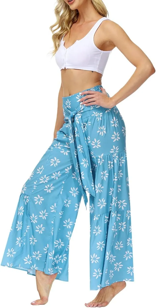 Lrady Women Wide Leg Palazzo Lounge Pants Printed Beach Summer Boho Tie-Waist Bell Bottoms Trousers