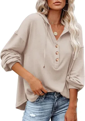 LuckyMore Women's Sweatshirts Hoodie Casual V Neck Long Sleeve Button Pullover Tunic Tops