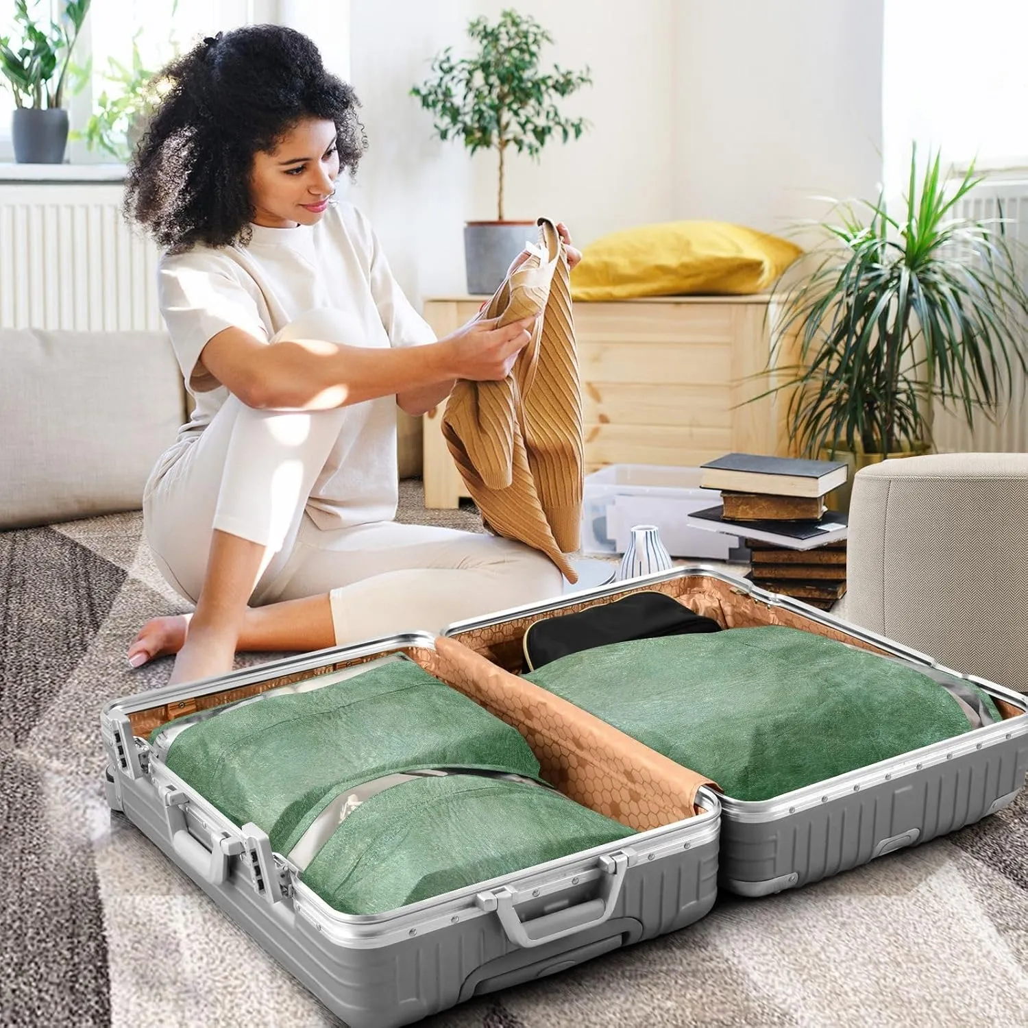Luggage Space Saver, Luggages Management Personnel, Beautiful Green Leather, With Zipper, 3 Set Travel Packing Cubes For Suitcases, Garment Bag Closet Storage