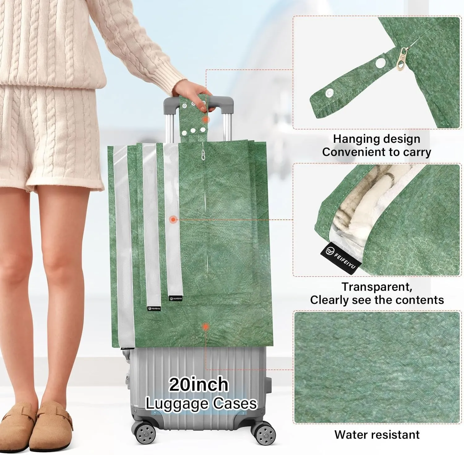 Luggage Space Saver, Luggages Management Personnel, Beautiful Green Leather, With Zipper, 3 Set Travel Packing Cubes For Suitcases, Garment Bag Closet Storage