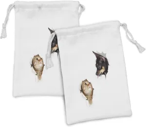 Lunarable Animal Fabric Pouch Set of 2, Cat and Dog in Paper Side Torn Holes Funny Kitten and Puppy Photo Print, Small Drawstring Bag for Toiletries Masks and Favors, 9" x 6", White Black and Brown