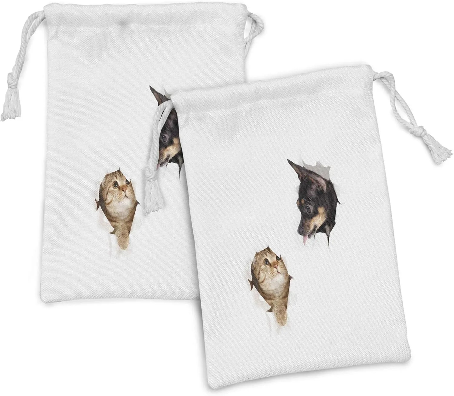 Lunarable Animal Fabric Pouch Set of 2, Cat and Dog in Paper Side Torn Holes Funny Kitten and Puppy Photo Print, Small Drawstring Bag for Toiletries Masks and Favors, 9" x 6", White Black and Brown