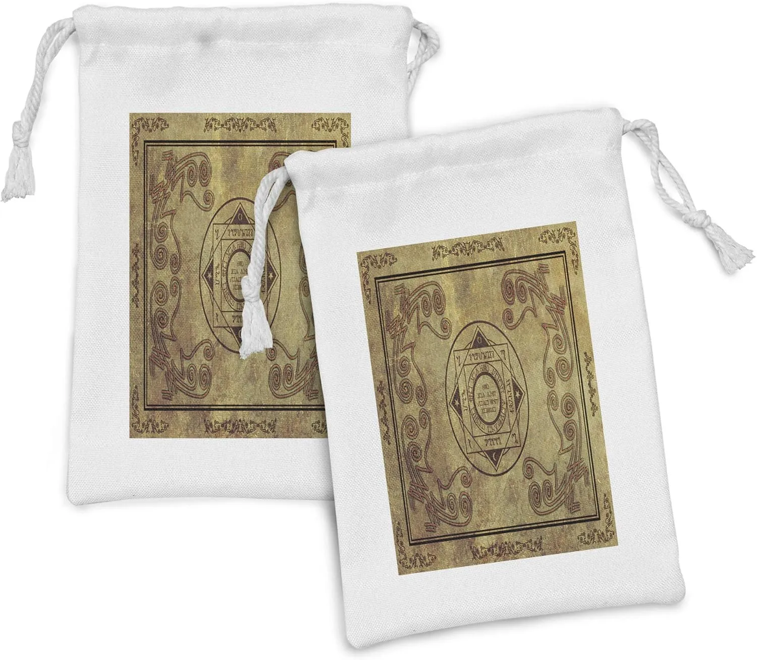 Lunarable Bohemian Fabric Pouch Set of 2, Illustration of Vintage Signs Chart on Old Parchment Paper Art Antique Print, Small Drawstring Bag for Toiletries Masks and Favors, 9" x 6", Brown and Tan
