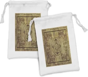 Lunarable Bohemian Fabric Pouch Set of 2, Illustration of Vintage Signs Chart on Old Parchment Paper Art Antique Print, Small Drawstring Bag for Toiletries Masks and Favors, 9" x 6", Brown and Tan