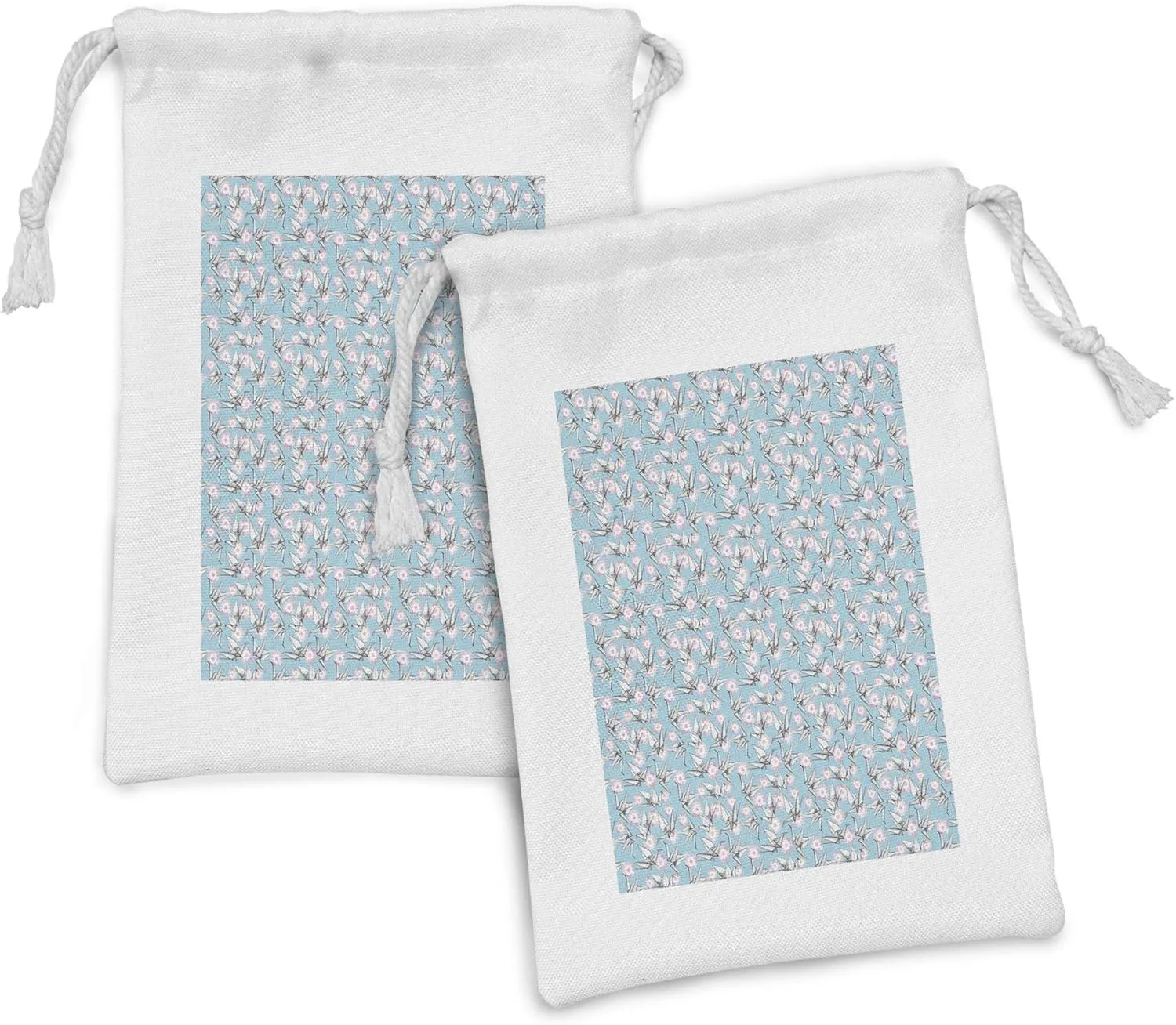 Lunarable Origami Fabric Pouch Set of 2, Japanese Tradition Paper Cranes and Cherry Blossom Petals Spring, Small Drawstring Bag for Toiletries Masks and Favors, 9" x 6", Pale Pink Pale Blue White