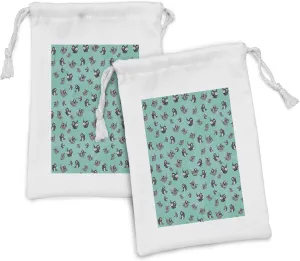 Lunarable Turquoise Fabric Pouch Set of 2, Pattern Flying Birds Striped Paper Cut Diy Springtime Romantic Art, Small Drawstring Bag for Toiletries Masks and Favors, 9" x 6", Seafoam Black White