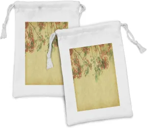 Lunarable Vintage Fabric Pouch Set of 2, Blossomed Spring Flowers on Tree Retro Style Paper Colorful Bliss, Small Drawstring Bag for Toiletries Masks and Favors, 9" x 6", Yellow Green Red