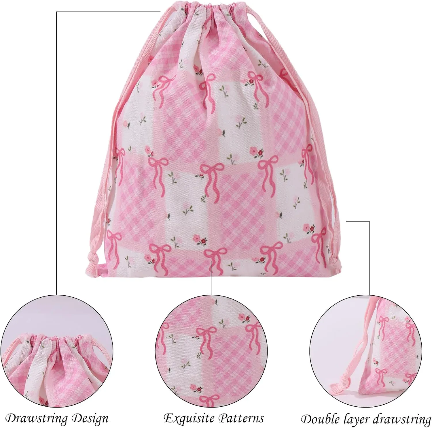 LYDZTION 4pcs Floral Drawstring Makeup Bags Pouches For Purse, Small Canvas Cloth Gift Bags Pouch For Cosmetics Jewerlry Home Travel Storage,Flower Bow
