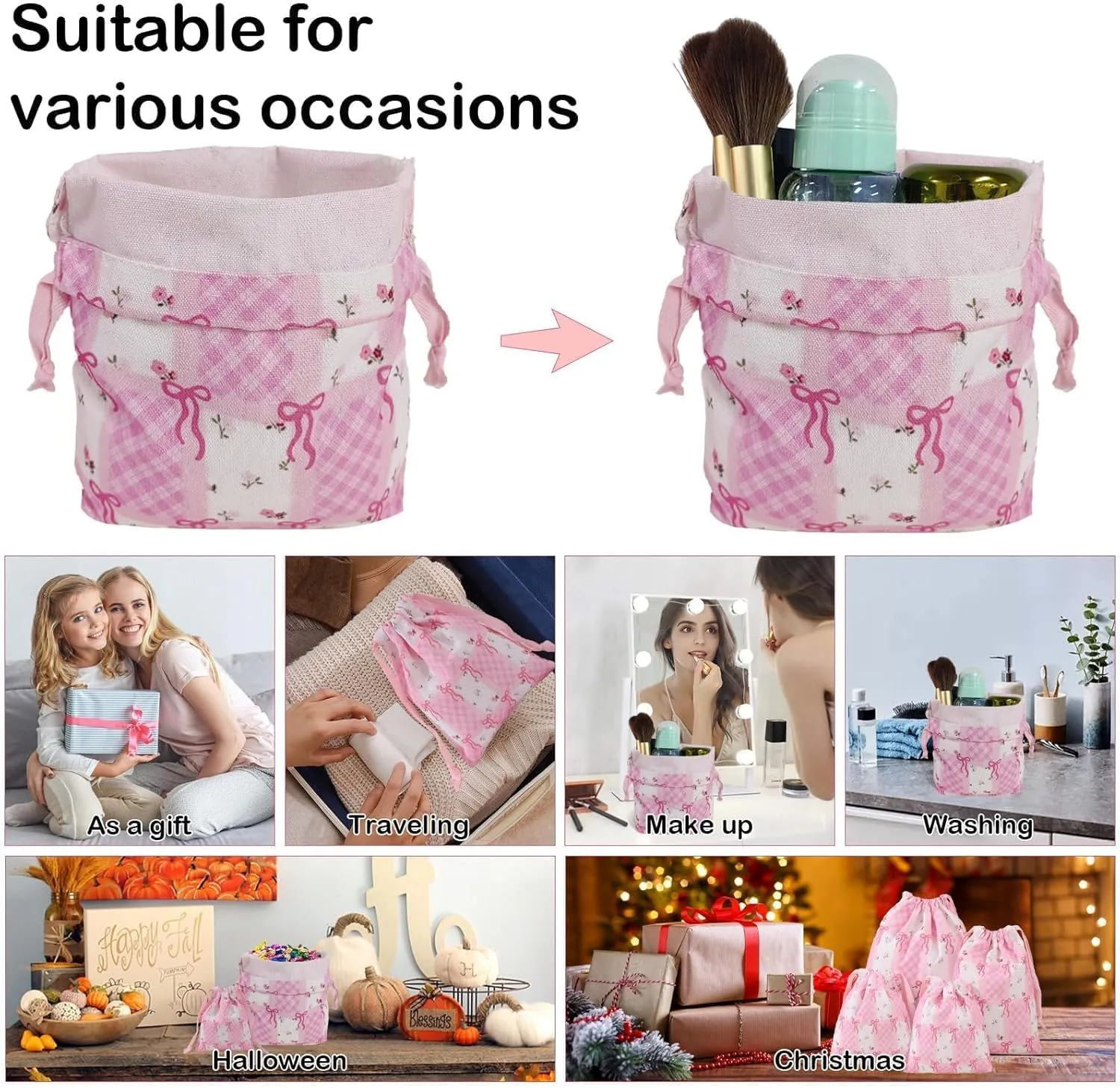 LYDZTION 4pcs Floral Drawstring Makeup Bags Pouches For Purse, Small Canvas Cloth Gift Bags Pouch For Cosmetics Jewerlry Home Travel Storage,Flower Bow