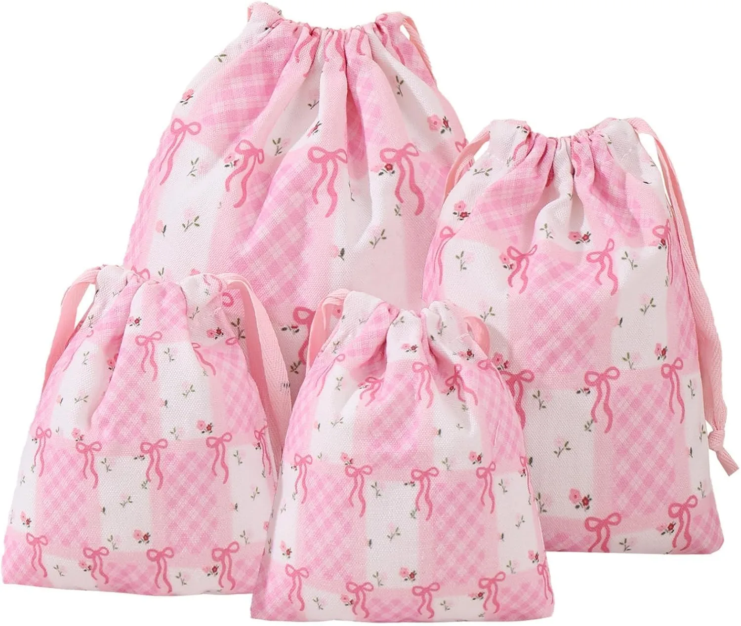 LYDZTION 4pcs Floral Drawstring Makeup Bags Pouches For Purse, Small Canvas Cloth Gift Bags Pouch For Cosmetics Jewerlry Home Travel Storage,Flower Bow