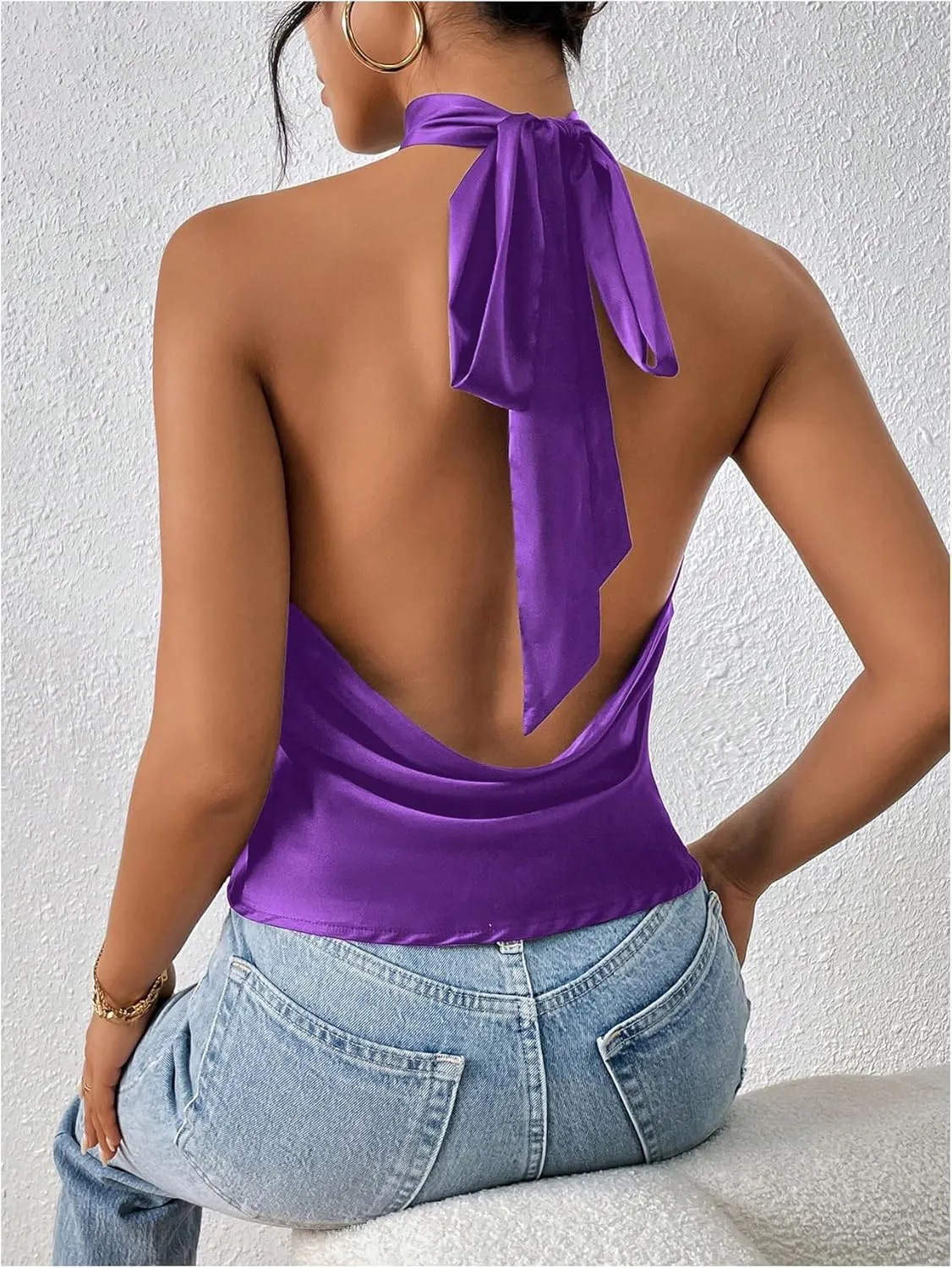 MakeMeChic Women's Halter Tops Satin Silk Backless Sleeveless Summer Camisole Going Out Top