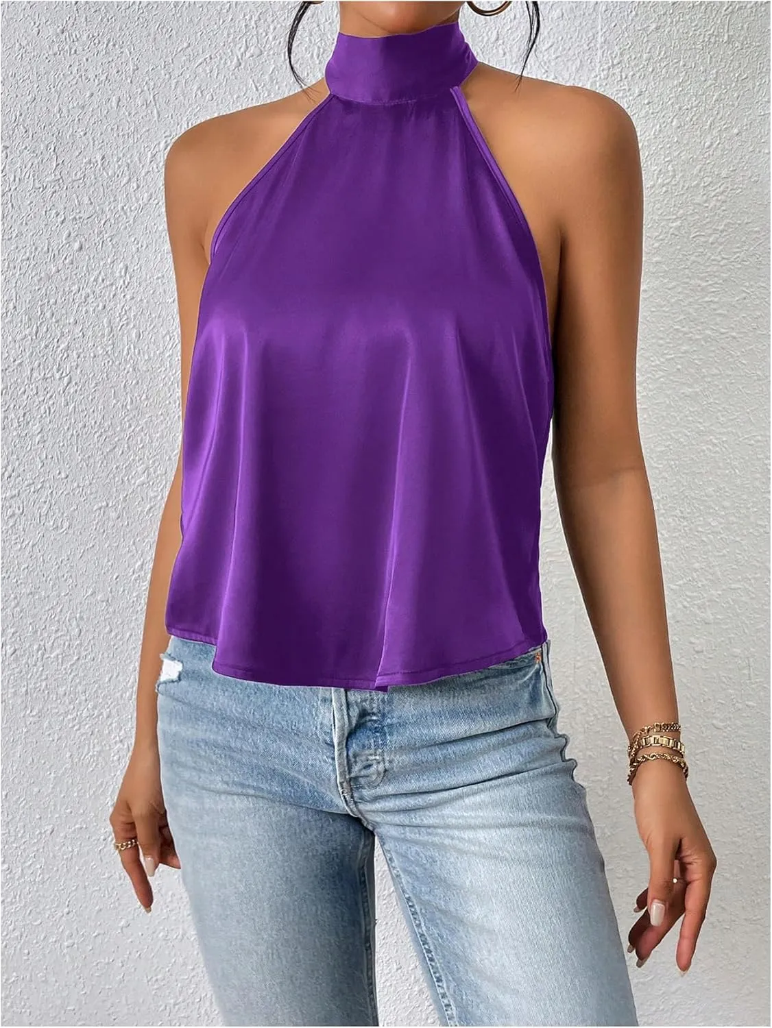 MakeMeChic Women's Halter Tops Satin Silk Backless Sleeveless Summer Camisole Going Out Top