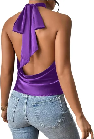 MakeMeChic Women's Halter Tops Satin Silk Backless Sleeveless Summer Camisole Going Out Top