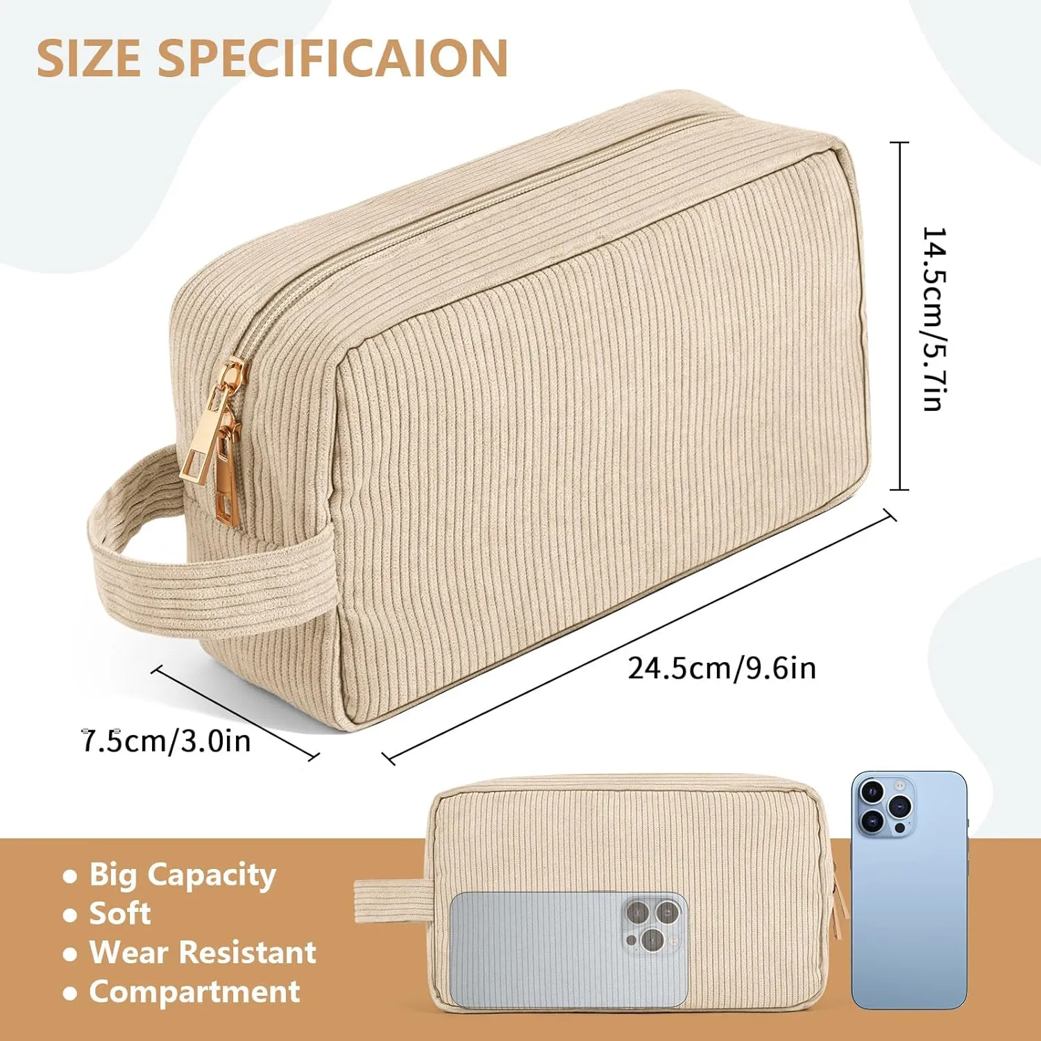 Makeup Bag Corduroy Cosmetic Bag for Women Large Capacity Makeup Pouch Portable Makeup Organizer Bag for Accessories, Toiletries Preppy Stuffs -BEIGE