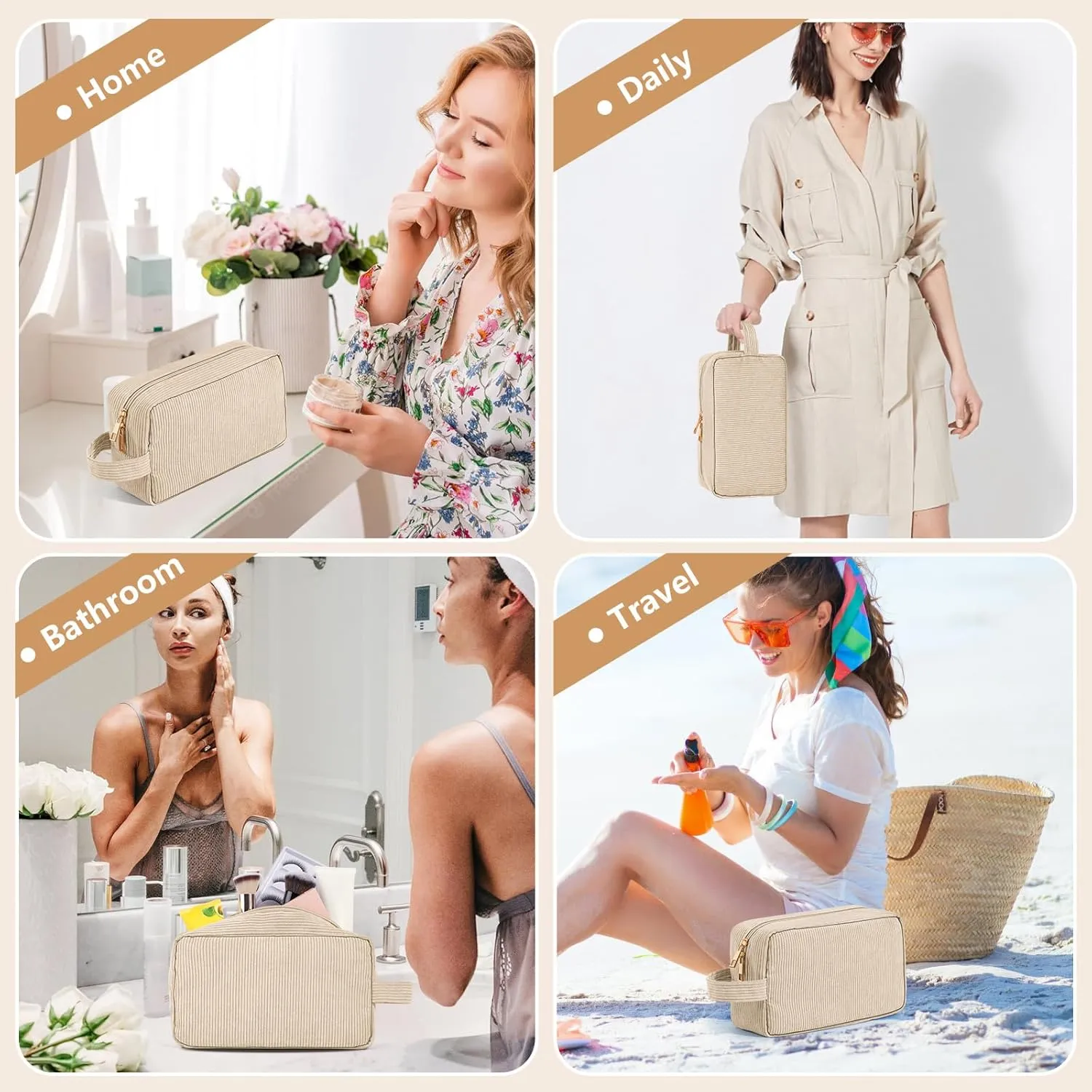 Makeup Bag Corduroy Cosmetic Bag for Women Large Capacity Makeup Pouch Portable Makeup Organizer Bag for Accessories, Toiletries Preppy Stuffs -BEIGE