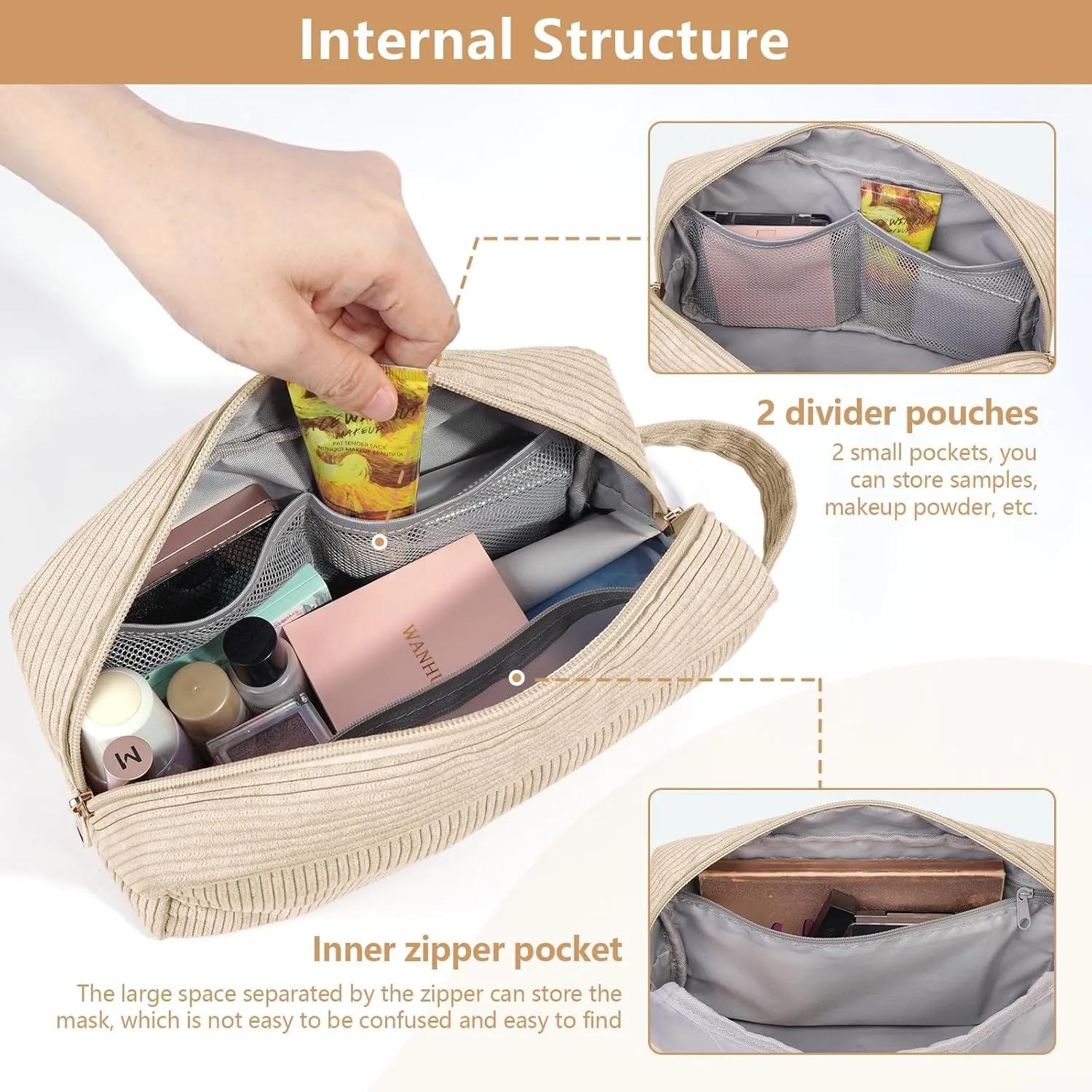 Makeup Bag Corduroy Cosmetic Bag for Women Large Capacity Makeup Pouch Portable Makeup Organizer Bag for Accessories, Toiletries Preppy Stuffs -BEIGE