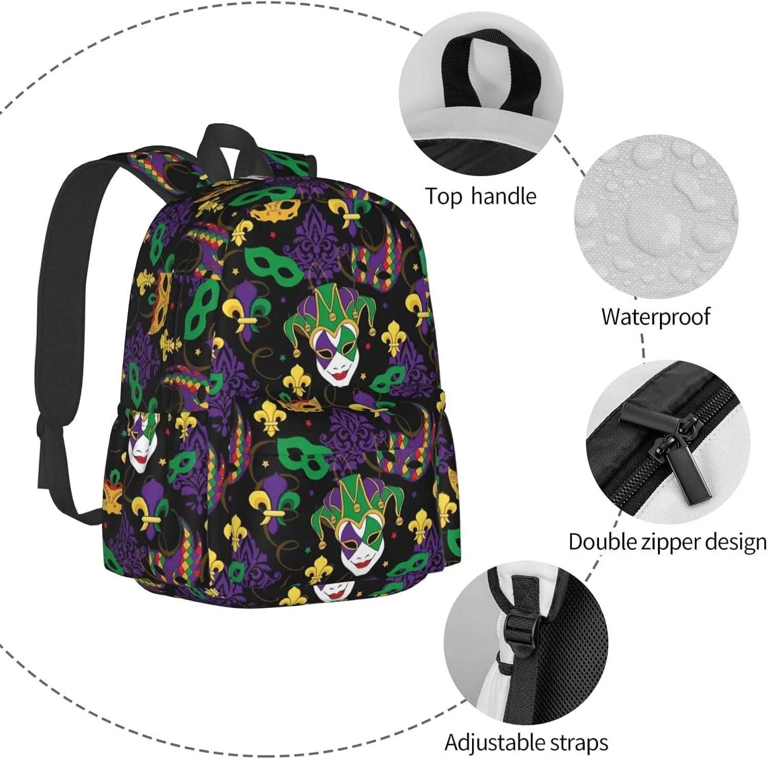 Mardi Gras Carnival Masks Backpack Casual Laptop Backpack Large Capacity Double Shoulder Bag Travel Daypack For Women Men