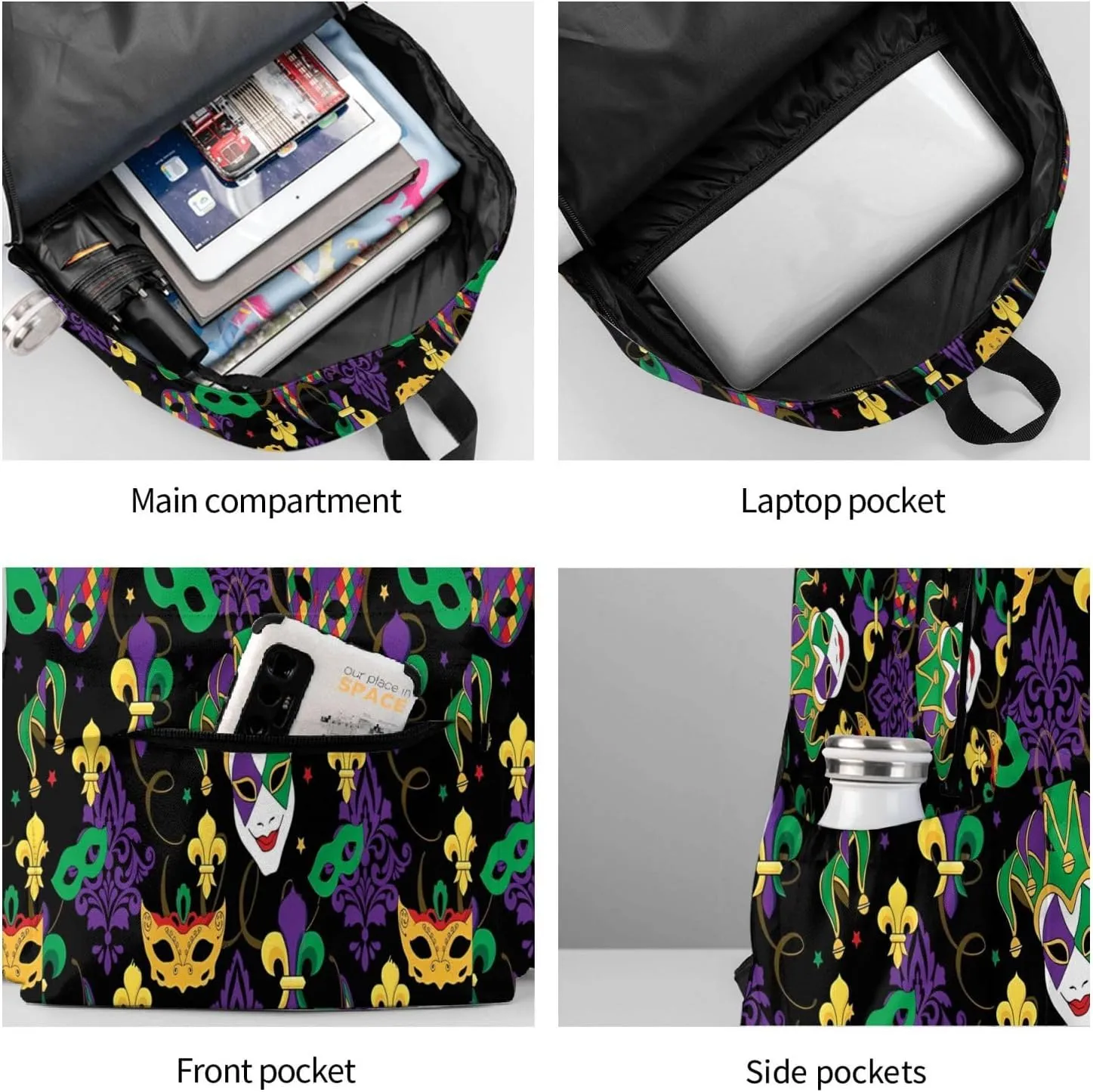 Mardi Gras Carnival Masks Backpack Casual Laptop Backpack Large Capacity Double Shoulder Bag Travel Daypack For Women Men
