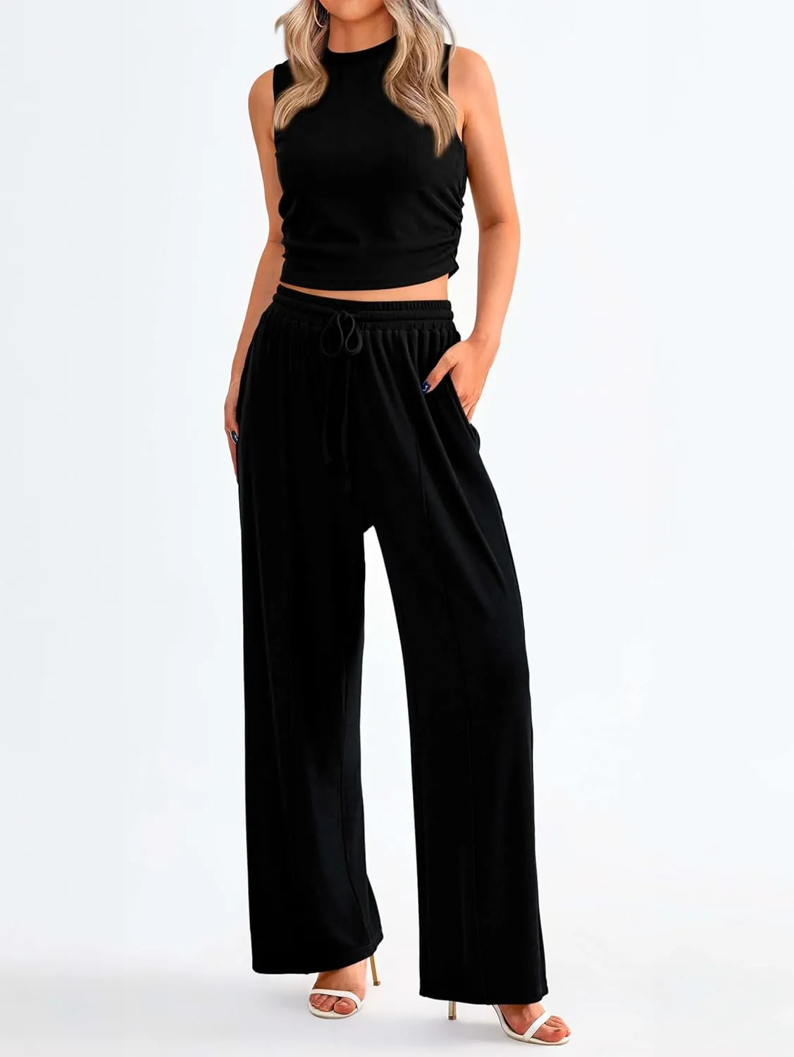 MASCOMODA Womens 2 Piece Outfits 2024 Summer Crewneck Sleeveless Cropped Tank Tops Wide Leg Long Pants Tracksuits Lounge Sets