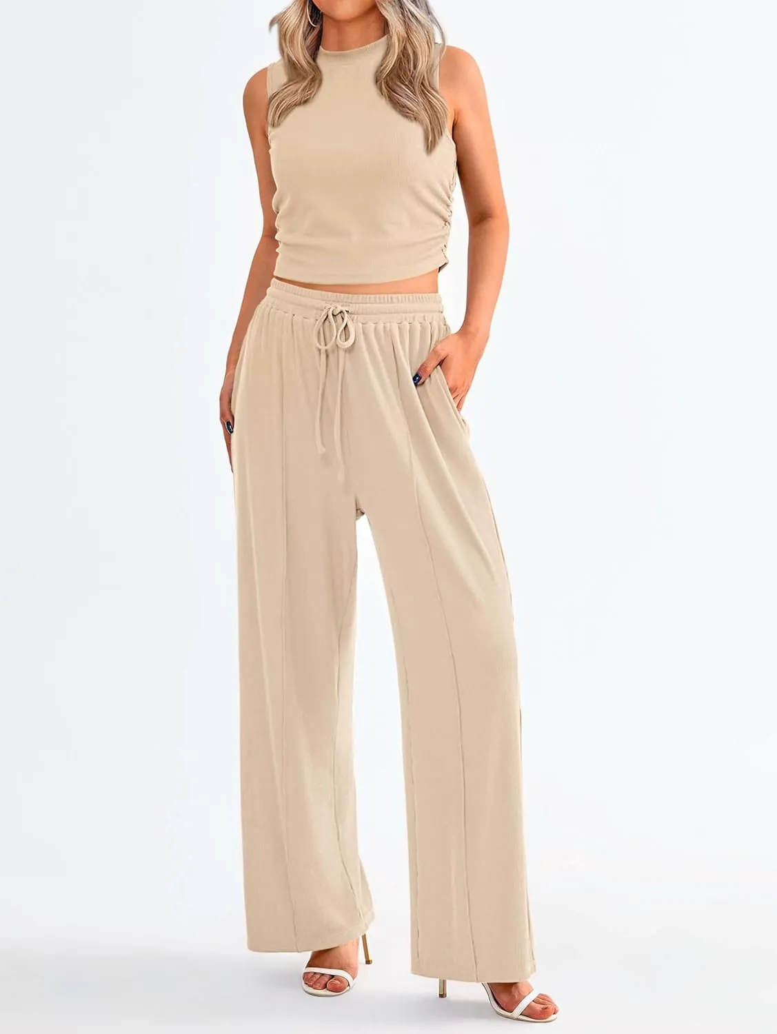 MASCOMODA Womens 2 Piece Outfits 2024 Summer Crewneck Sleeveless Cropped Tank Tops Wide Leg Long Pants Tracksuits Lounge Sets