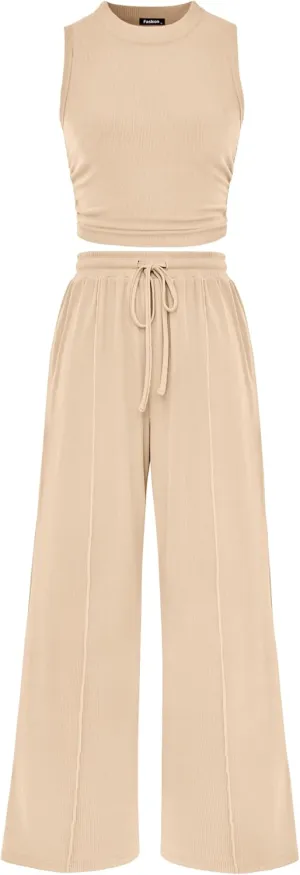 MASCOMODA Womens 2 Piece Outfits 2024 Summer Crewneck Sleeveless Cropped Tank Tops Wide Leg Long Pants Tracksuits Lounge Sets