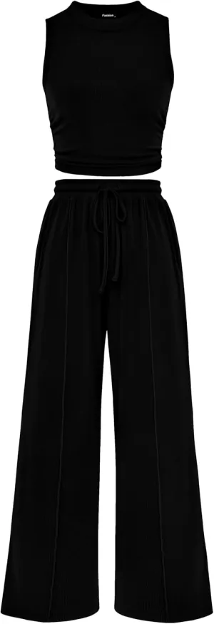MASCOMODA Womens 2 Piece Outfits 2024 Summer Crewneck Sleeveless Cropped Tank Tops Wide Leg Long Pants Tracksuits Lounge Sets