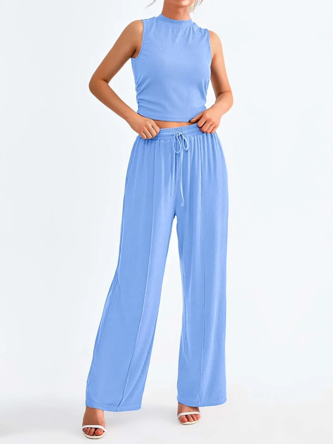 MASCOMODA Womens 2 Piece Outfits 2024 Summer Crewneck Sleeveless Cropped Tank Tops Wide Leg Long Pants Tracksuits Lounge Sets