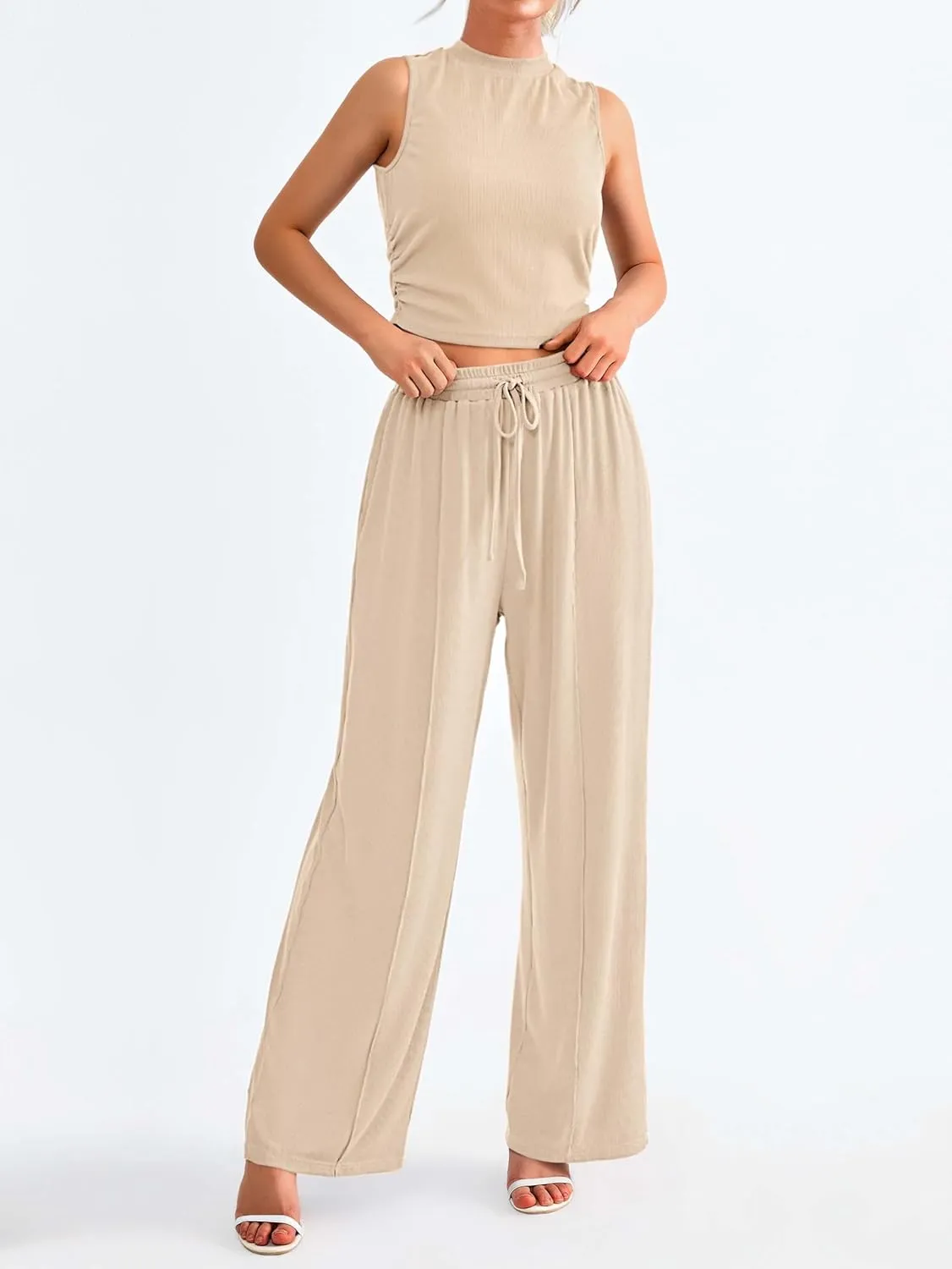 MASCOMODA Womens 2 Piece Outfits 2024 Summer Crewneck Sleeveless Cropped Tank Tops Wide Leg Long Pants Tracksuits Lounge Sets