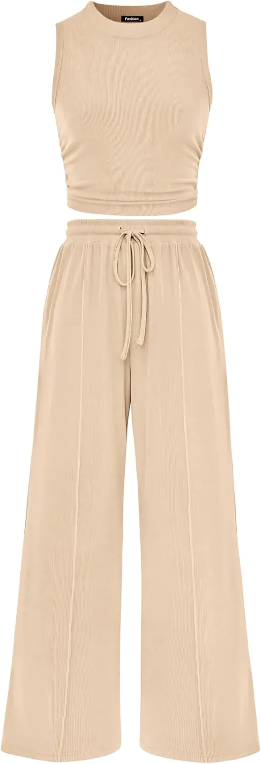 MASCOMODA Womens 2 Piece Outfits 2024 Summer Crewneck Sleeveless Cropped Tank Tops Wide Leg Long Pants Tracksuits Lounge Sets