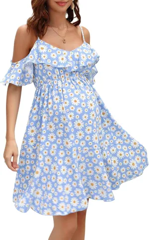 Maternity Nursing Dress Womens V-Neck Spaghetti Strap Ruffle Sleeve Daisy Printed A-Line Tiered Flowy Swing Dress
