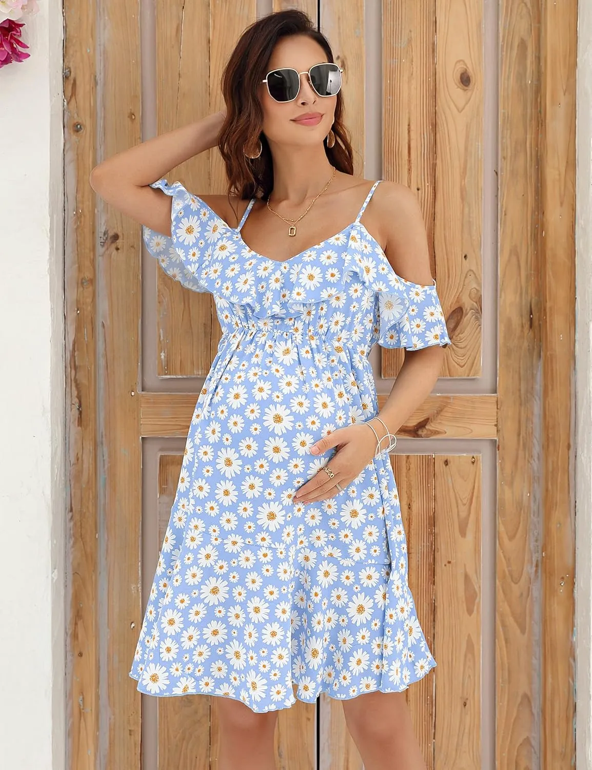 Maternity Nursing Dress Womens V-Neck Spaghetti Strap Ruffle Sleeve Daisy Printed A-Line Tiered Flowy Swing Dress