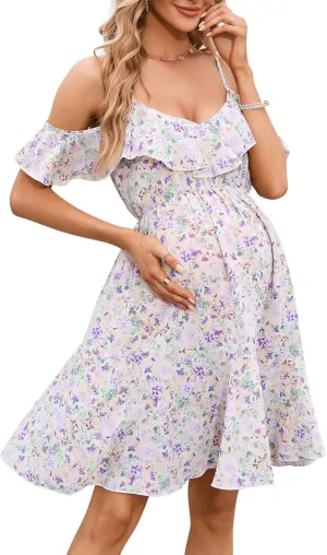 Maternity Nursing Dress Womens V-Neck Spaghetti Strap Ruffle Sleeve Daisy Printed A-Line Tiered Flowy Swing Dress