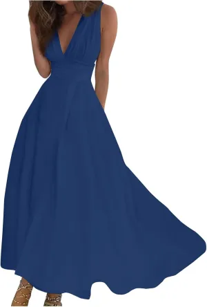 Maxi Dress for Women,2024 Spring Summer Trendy Floral Print Sundress,Elegant Slim V Neck Sleeveless Tank Beach Dress,Romantic Flowy Ruched Boho Dress Cruise Vacation Outfits(C-Dark Blue,3XL)