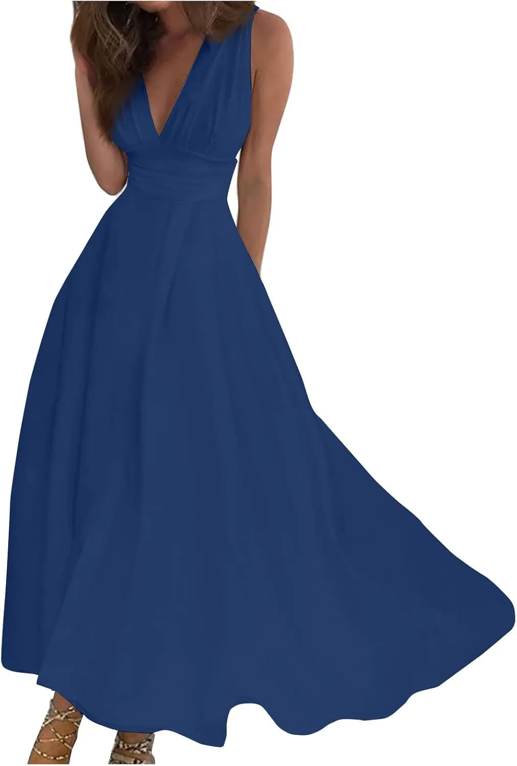 Maxi Dress for Women,2024 Spring Summer Trendy Floral Print Sundress,Elegant Slim V Neck Sleeveless Tank Beach Dress,Romantic Flowy Ruched Boho Dress Cruise Vacation Outfits(C-Dark Blue,3XL)