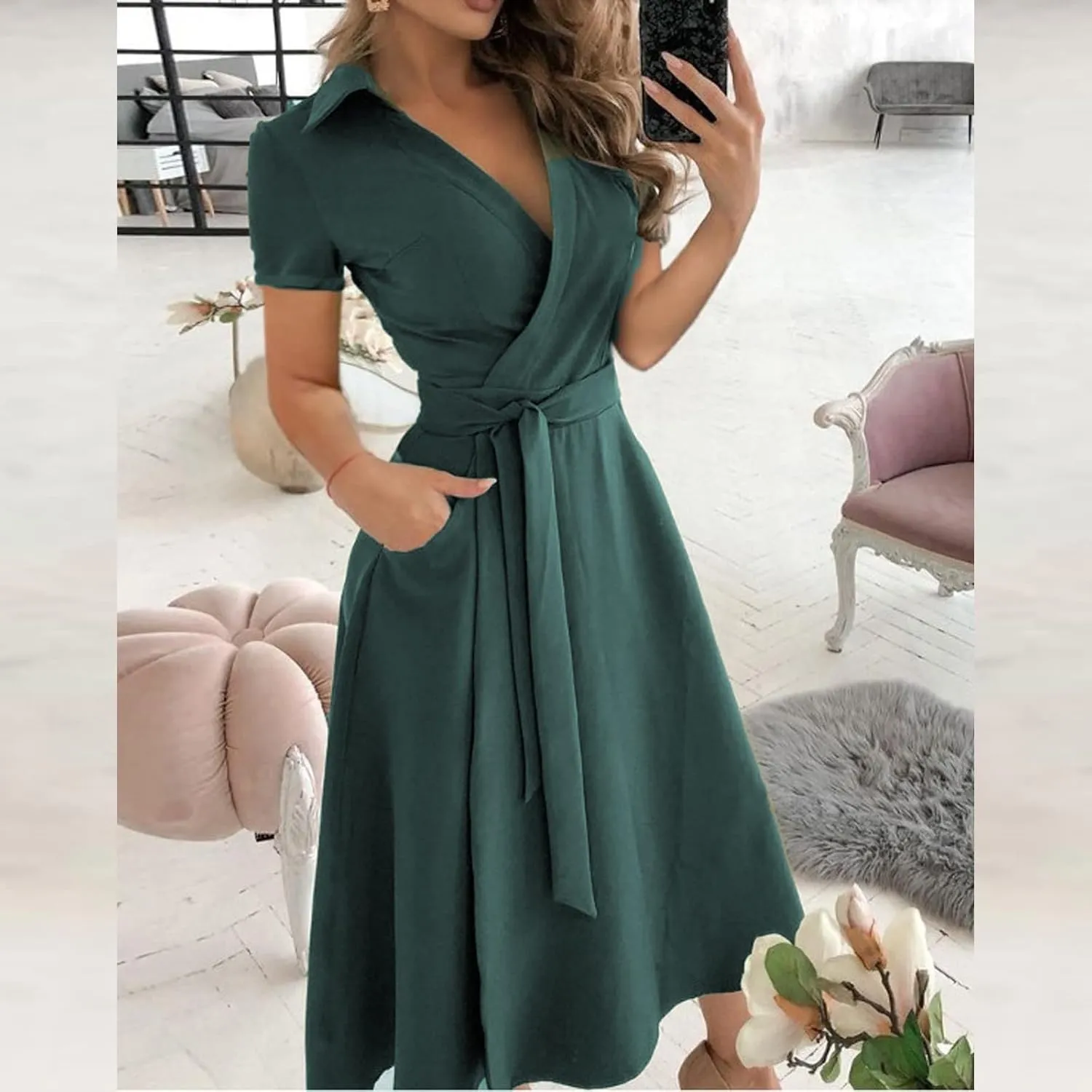 Maxi Dress for Women,2024 Summer Elegant Lapel V Neck Long/Short Sleeve Belt Office Dress,Flowy Ruched Beach Dress