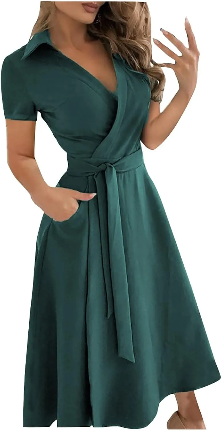 Maxi Dress for Women,2024 Summer Elegant Lapel V Neck Long/Short Sleeve Belt Office Dress,Flowy Ruched Beach Dress