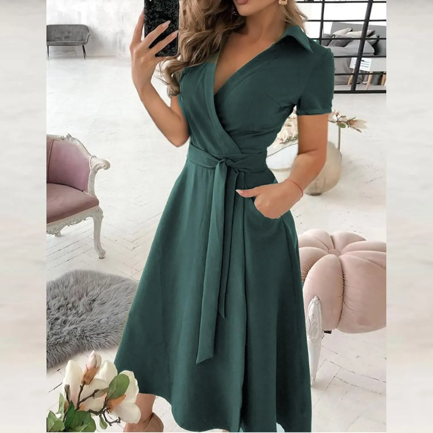 Maxi Dress for Women,2024 Summer Elegant Lapel V Neck Long/Short Sleeve Belt Office Dress,Flowy Ruched Beach Dress