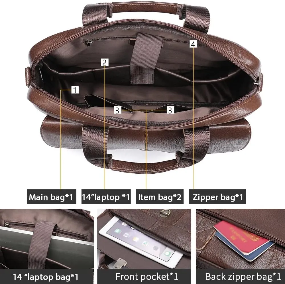 Men's Briefcase Leather Business Tote Bag for Document Office Portable Laptop Shoulder Bag