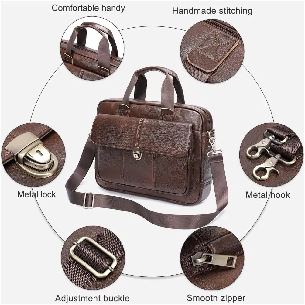 Men's Briefcase Leather Business Tote Bag for Document Office Portable Laptop Shoulder Bag