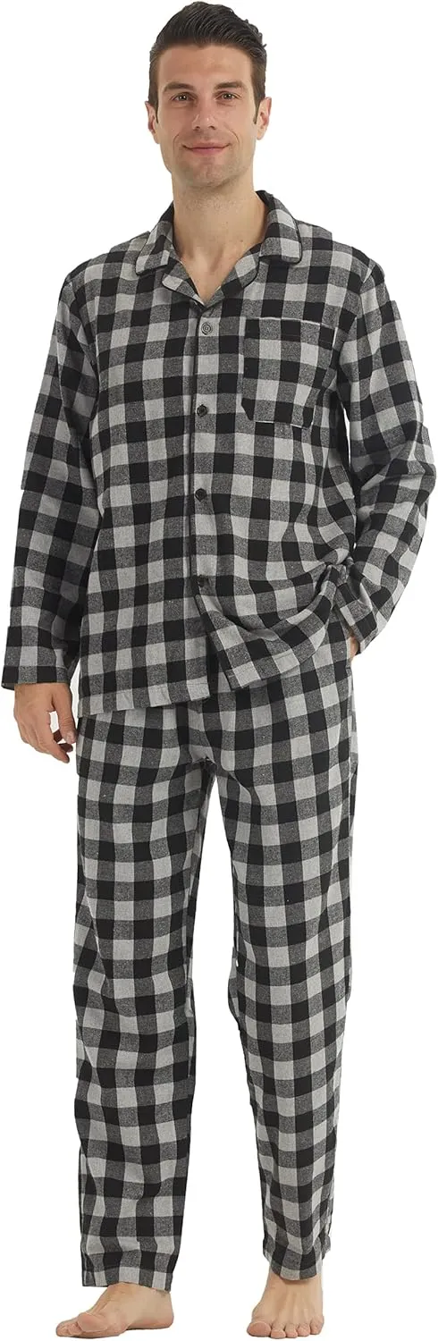 Mens Flannel Pajamas Set Cotton Plaid Pjs Button Down Warm Soft Lounge Sleepwear Top & Pj Pants with Pockets