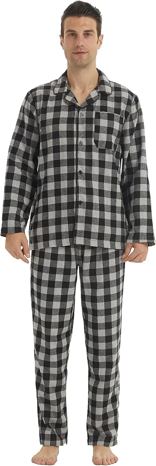 Mens Flannel Pajamas Set Cotton Plaid Pjs Button Down Warm Soft Lounge Sleepwear Top & Pj Pants with Pockets