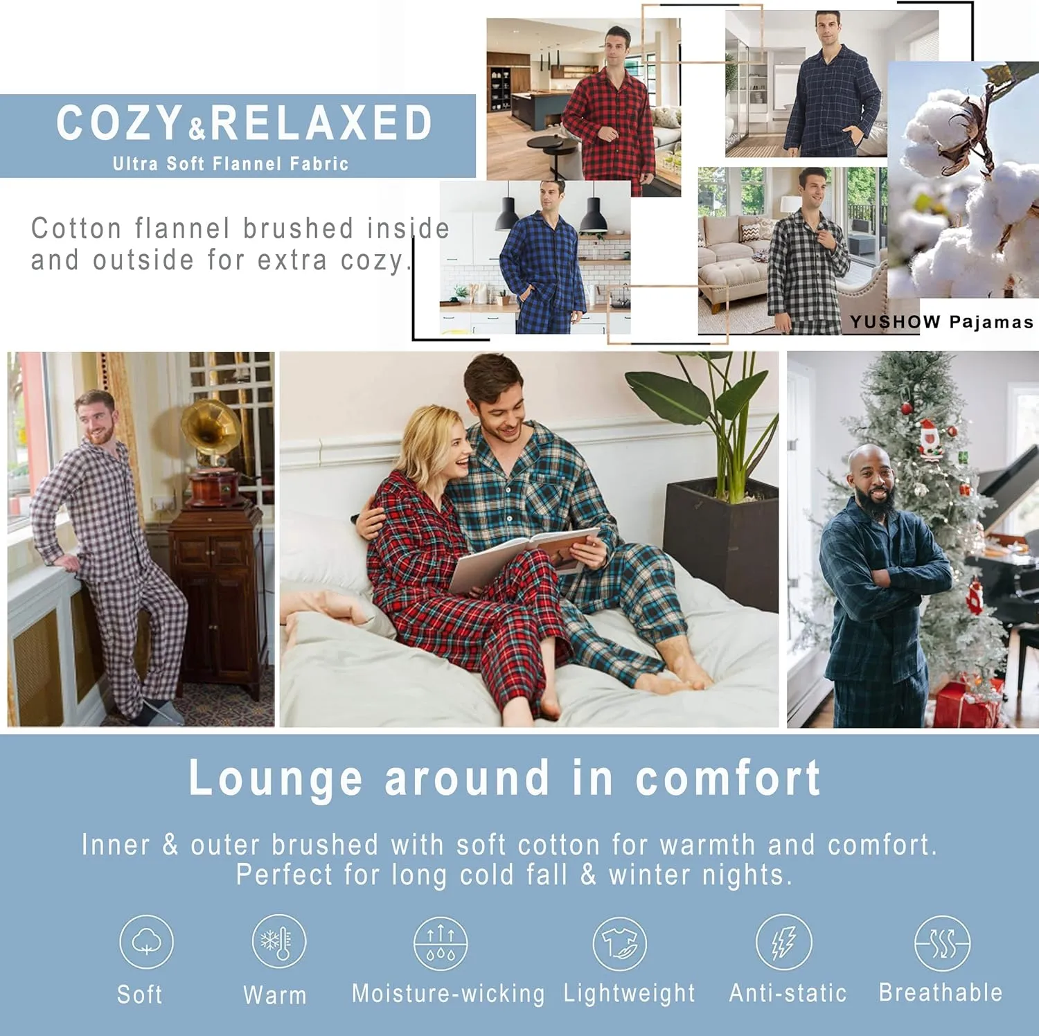 Mens Flannel Pajamas Set Cotton Plaid Pjs Button Down Warm Soft Lounge Sleepwear Top & Pj Pants with Pockets