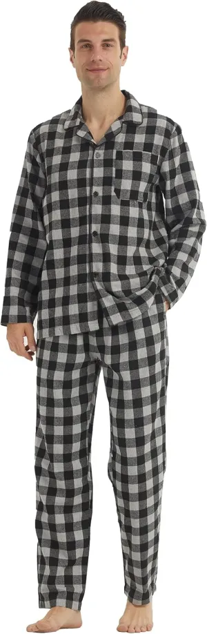 Mens Flannel Pajamas Set Cotton Plaid Pjs Button Down Warm Soft Lounge Sleepwear Top & Pj Pants with Pockets