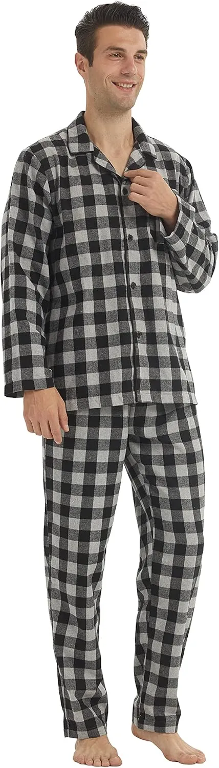Mens Flannel Pajamas Set Cotton Plaid Pjs Button Down Warm Soft Lounge Sleepwear Top & Pj Pants with Pockets