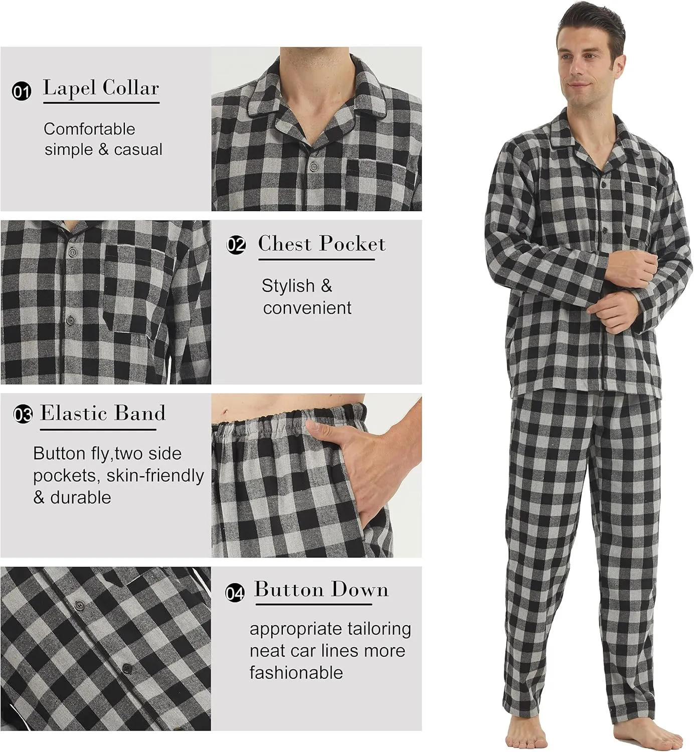 Mens Flannel Pajamas Set Cotton Plaid Pjs Button Down Warm Soft Lounge Sleepwear Top & Pj Pants with Pockets