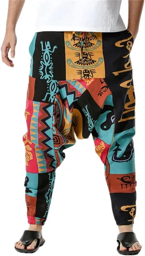 Men's Hippie Baggy Boho Harem Pants African Pattern Print Casual Hip Hop Pants