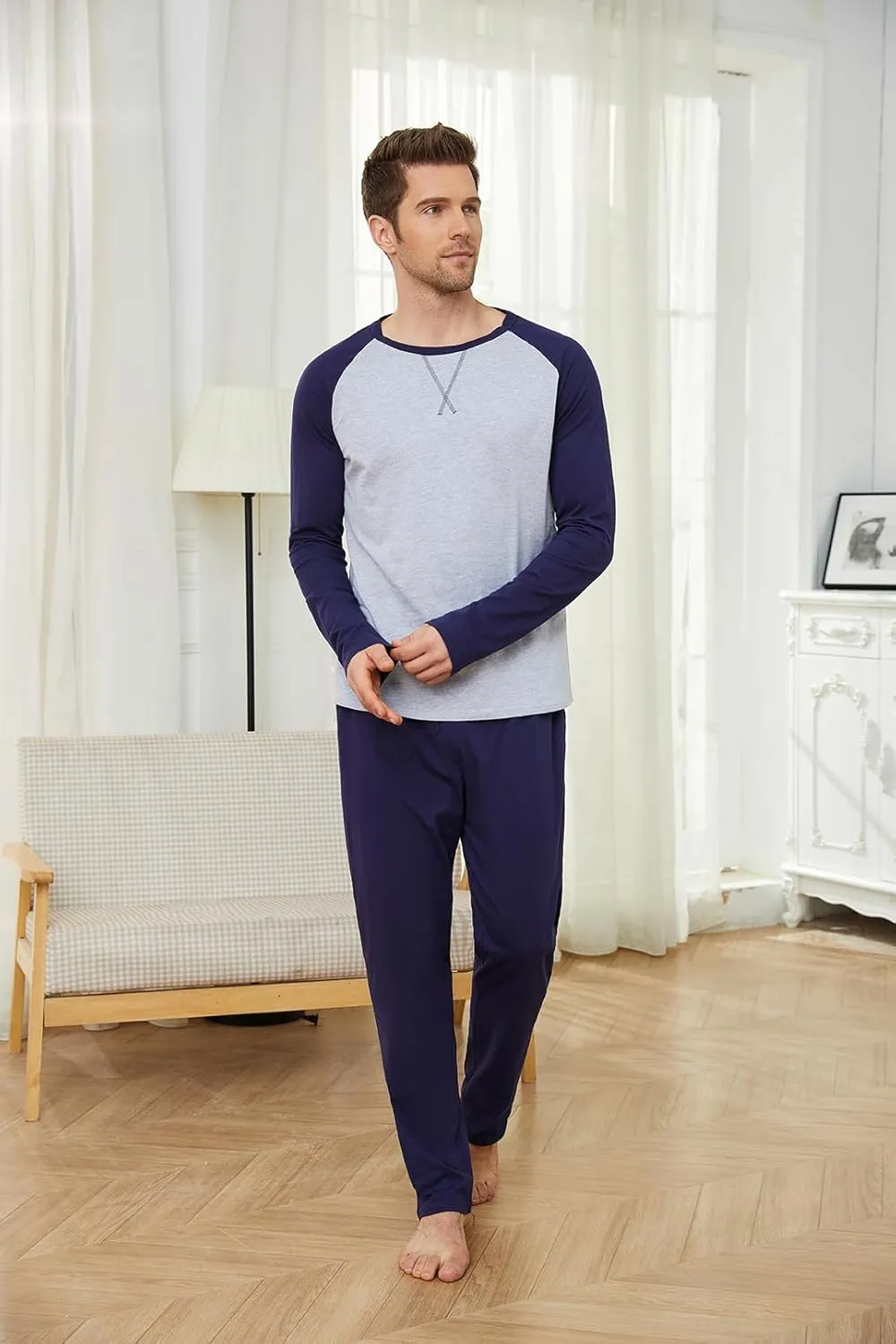 Men's Pajama Sets Cotton Mens Pjs Sets Long Sleeve Shirts and Pants Sleepwear Lightweight Soft Loungewear