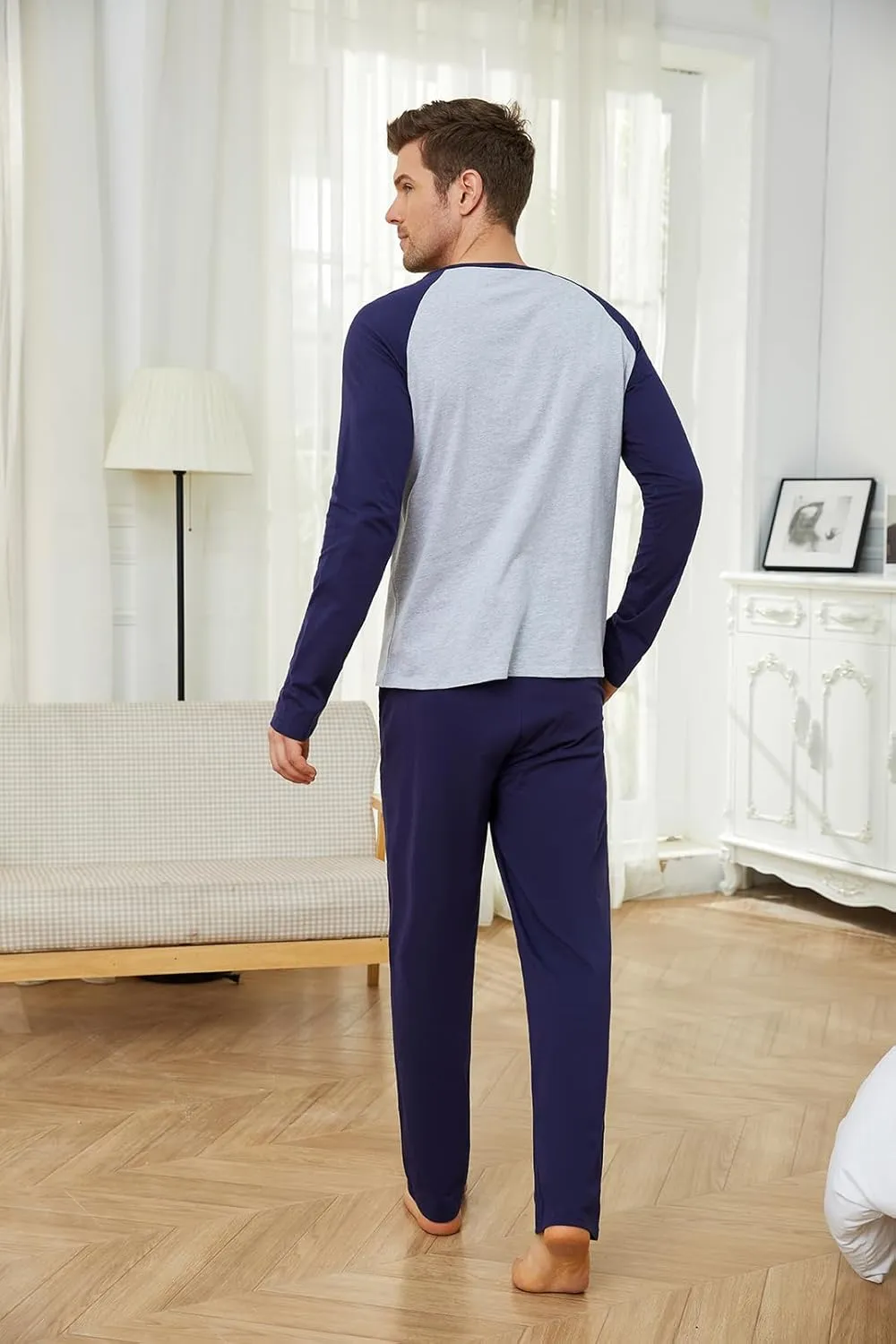 Men's Pajama Sets Cotton Mens Pjs Sets Long Sleeve Shirts and Pants Sleepwear Lightweight Soft Loungewear